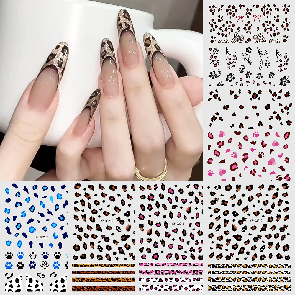 12pcs Leopard Print Stickers For Nails Pink Brown Leopard Stripes Nail Slider Decals Y2K Sexy Leopard Designs Nail Art Stickers