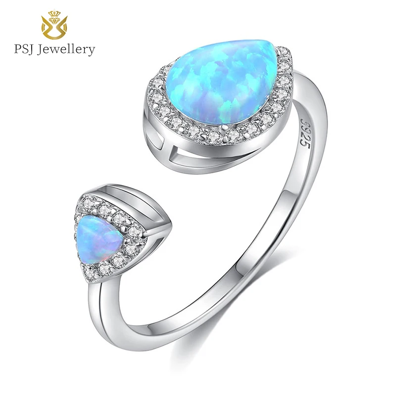 

PSJ Fashion Trendy Jewelry Rhodium Plated Pear Cut Blue Opal Adjustable 925 Sterling Silver Rings for Women