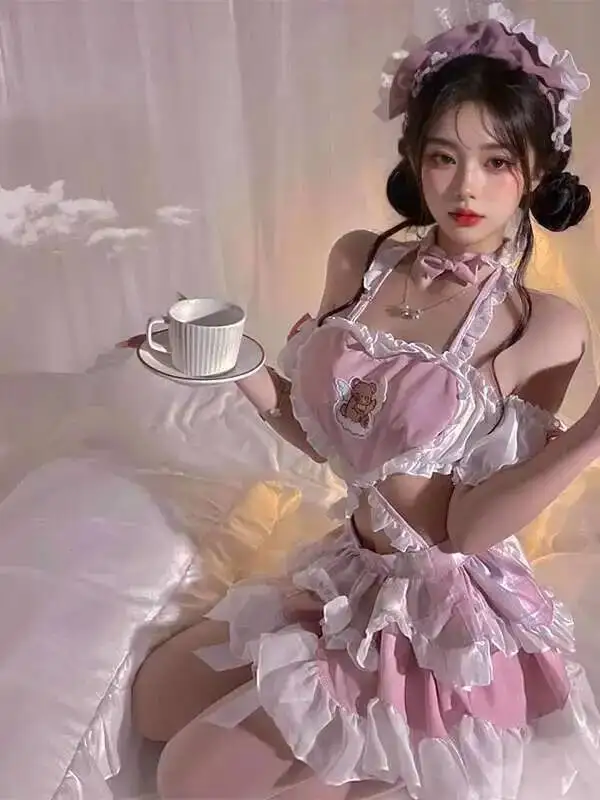 Seksowna, słodka sukienka nocna typu halter z motywem pokojówki, piżama \"Little Maid Pure Desire\" dla kobiet, elegancka różowa, słodka mini sukienka w stylu koreańskim, rozmiar 15E