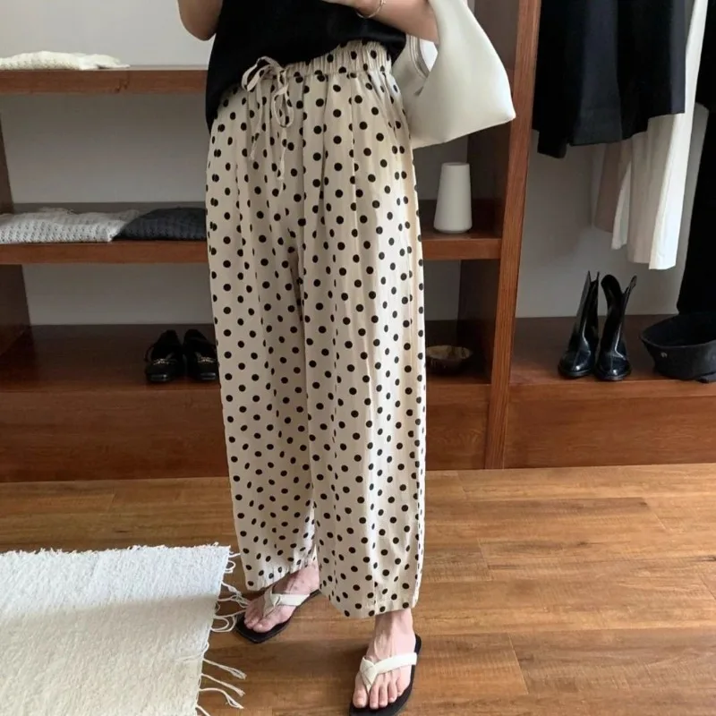 

Casual Printed Polka Dot Wide Leg Women's Summer Elasticized High-waisted Drawstring Loose All-match Straight Ankle-Length Pants