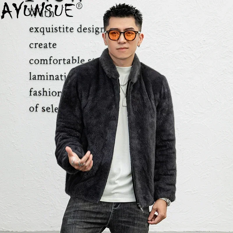 AYUNSUE Natural Mink Real Fur Coat Luxury Winter Jackets for Men 2023 Solid Color Mink Fur Jacket Baseball Collar Abrigo Hombre