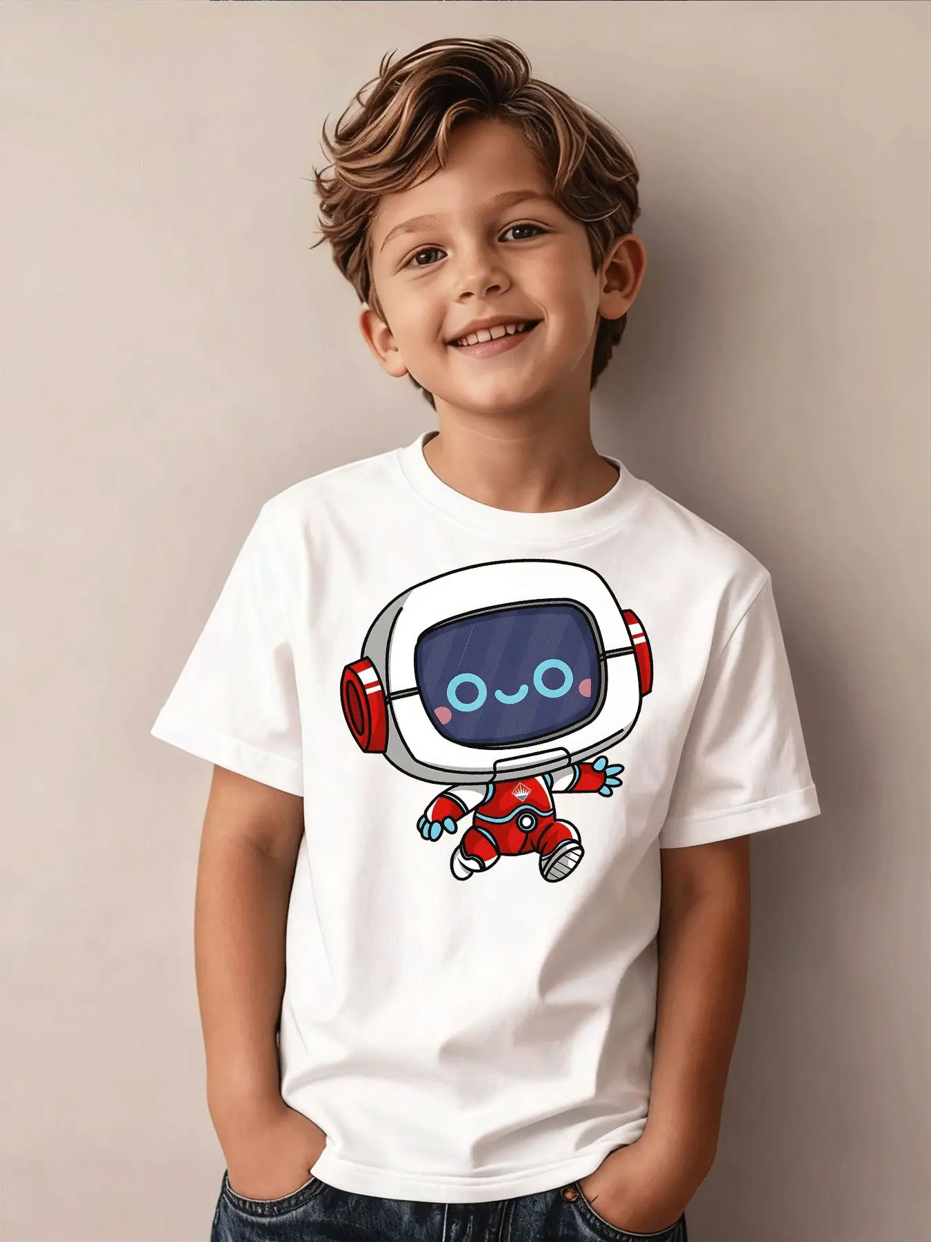Children's T-shirt Children's Casual Trend, Cute Cartoon Astronaut Robot Print T-shirt, Party Holiday Gift, Daily Sports Wear