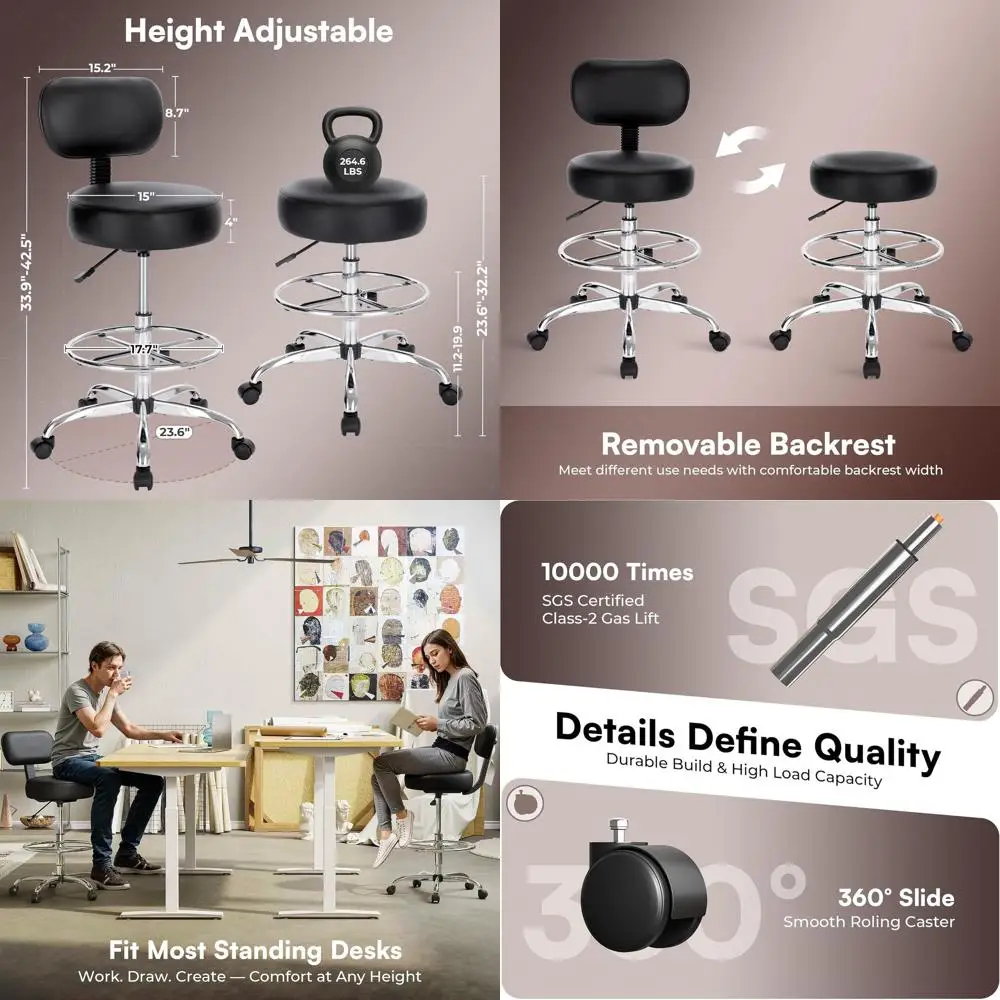 

Регулируемый офисный стул на колесиках с мягким сиденьем и подставкой для ног для дома, кухни и бара - черный