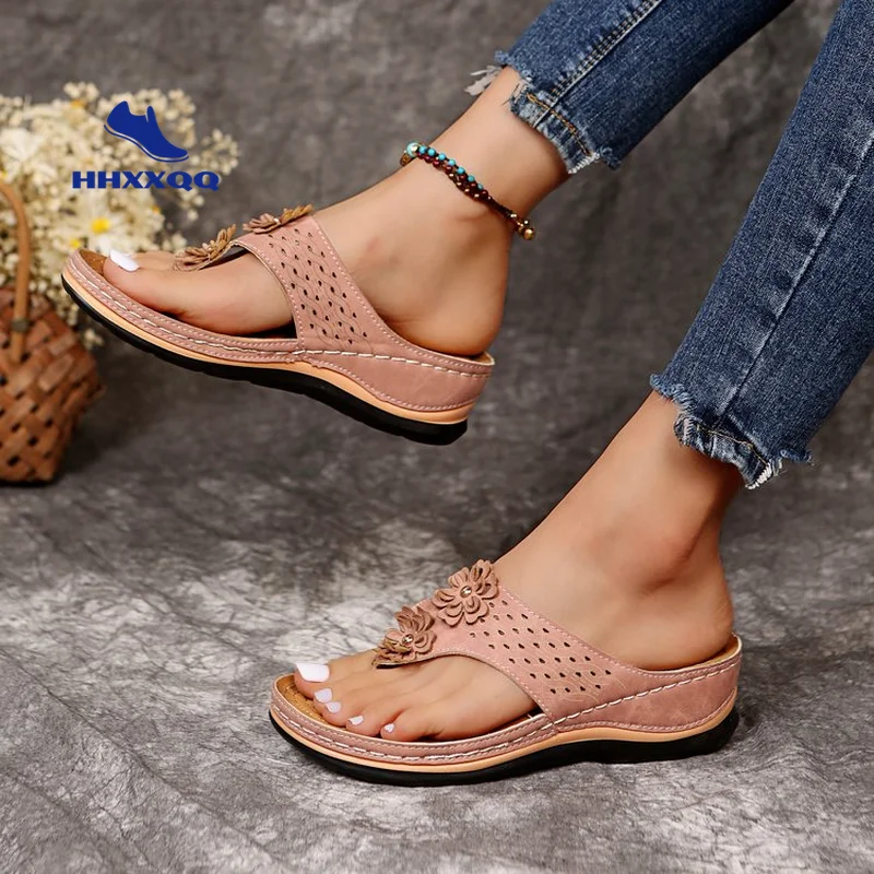 

2025 New Summer Flower Women's Sandals Car Line Non-slip Beach Shoes Large Size Flip Flops Wedges Comfortable Sandals Women 43