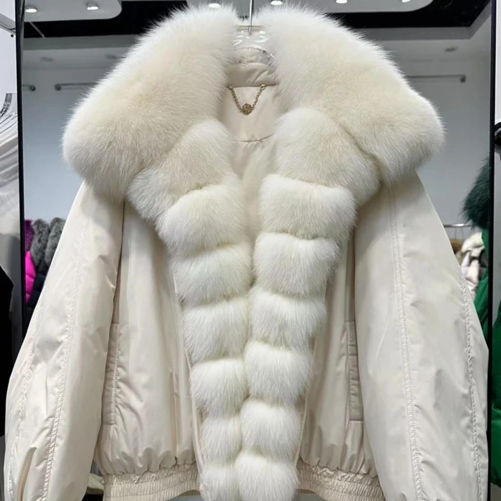 OFTBUY سترة قصيرة من الفرو الحقيقي شتاء جديد طبيعي ضخم الثعلب الفراء طوق المرأة فضفاضة سميكة الدافئة 90% الأبيض بطة أسفل معطف سترة