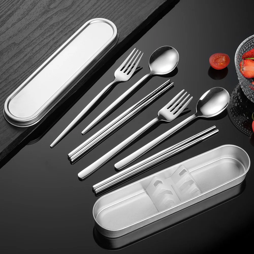 

Outdoor Portable Cutlery Set with Storage Box Camping Travel Dinnerware 304 Stainless Steel Spoon Fork Chopsticks Christmas Gift