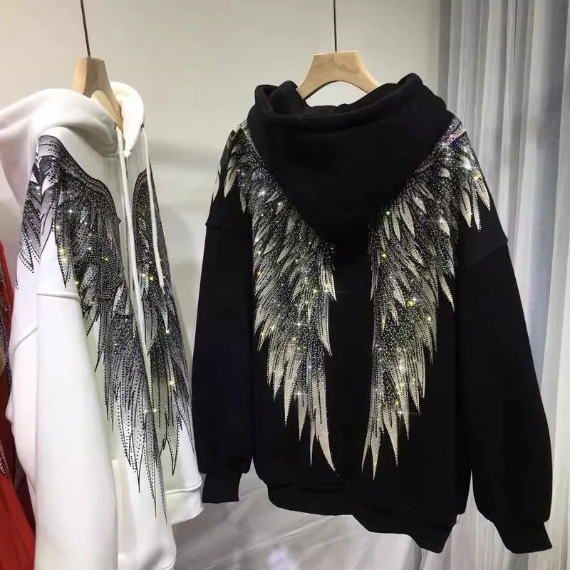 

plus Size Women's Fce Lined Heavy Du Hooded Long Sve Jaet Luxury Embellied Wings Autumn Winter Casual Outerwear