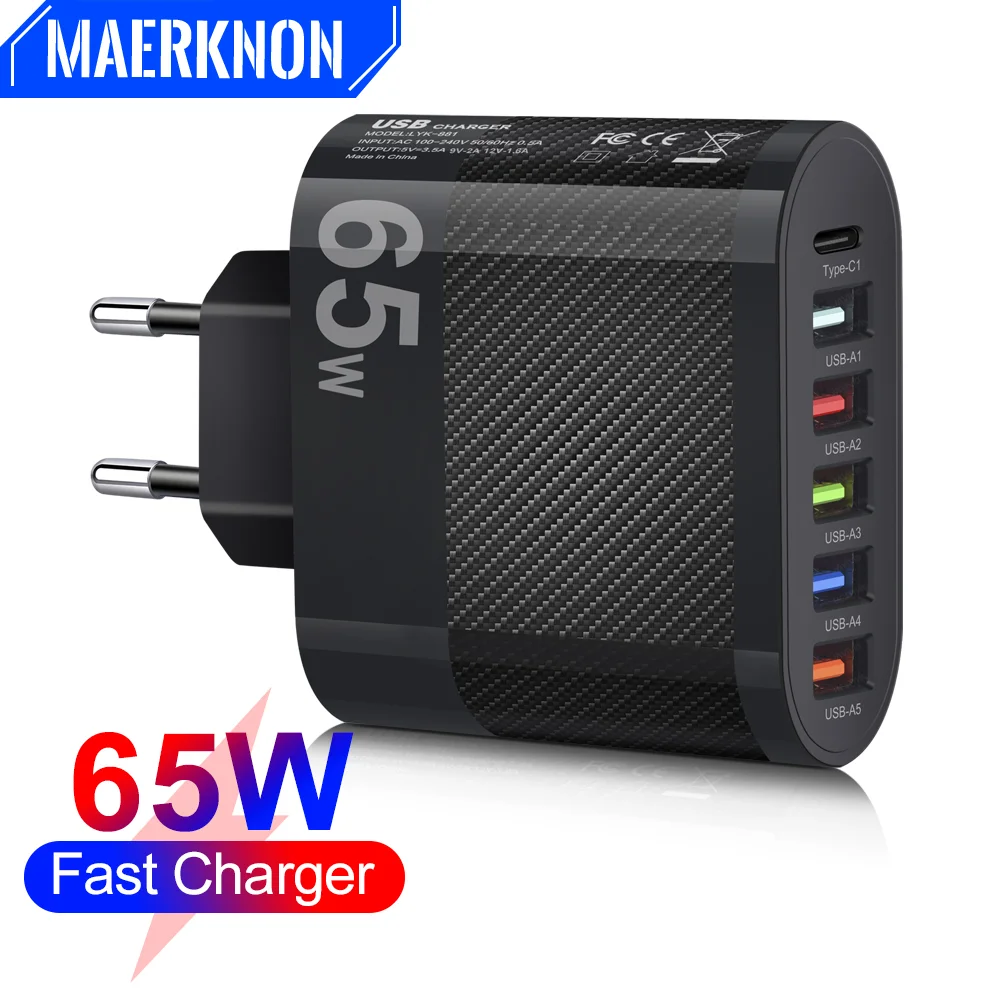 

Total 65W Muti 6 Ports USB Quick Phone Charger Fast Charging QC 3.0 Type C Mobile Phone Wall Adapter For iPhone16 Samsung Xiaomi