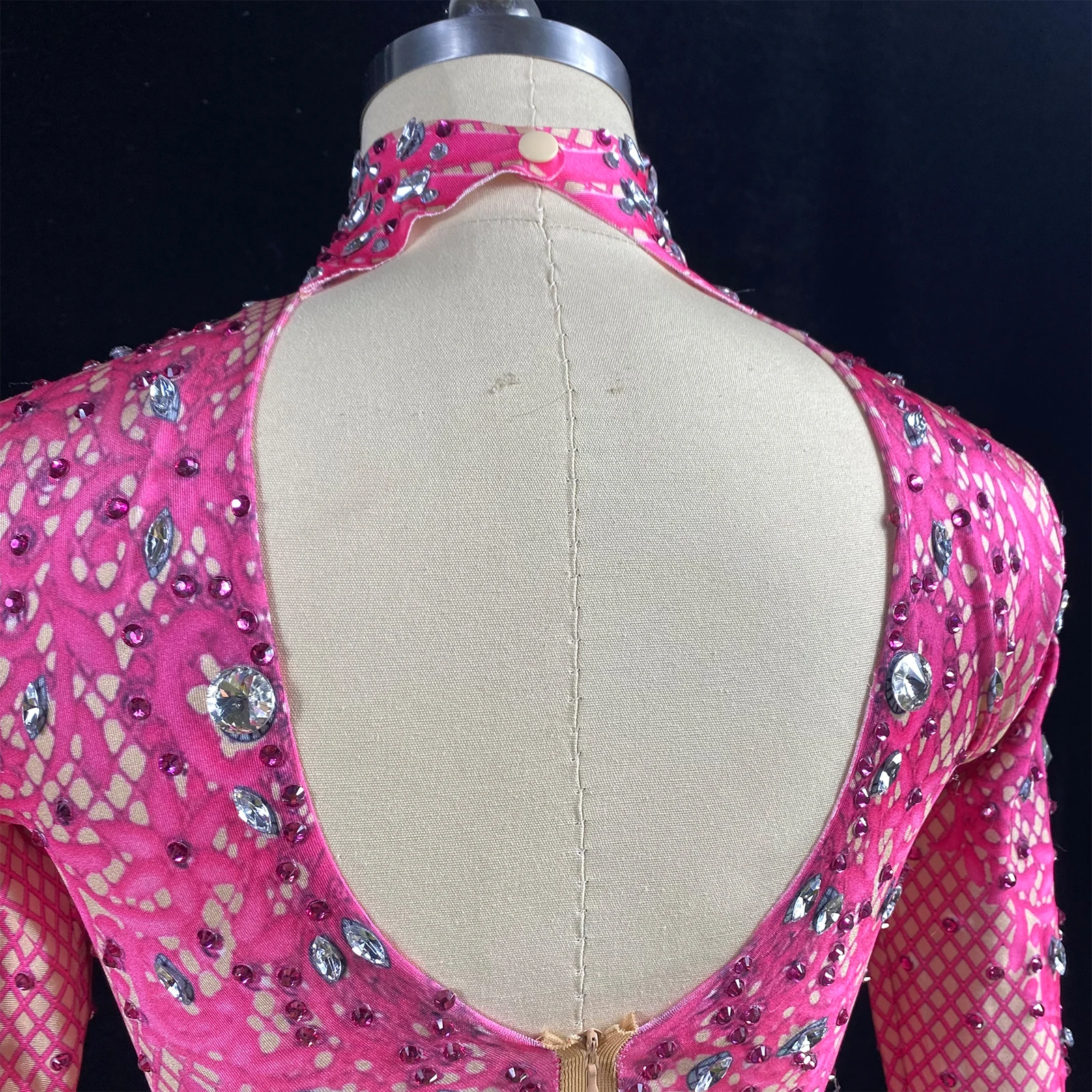 Sexy Pink Rhinestones Bodysuit Stage Outfit Long Sleeve Sexy Lace Club Party Birthday Leotard Pole Dance Team Drag Queen Costume