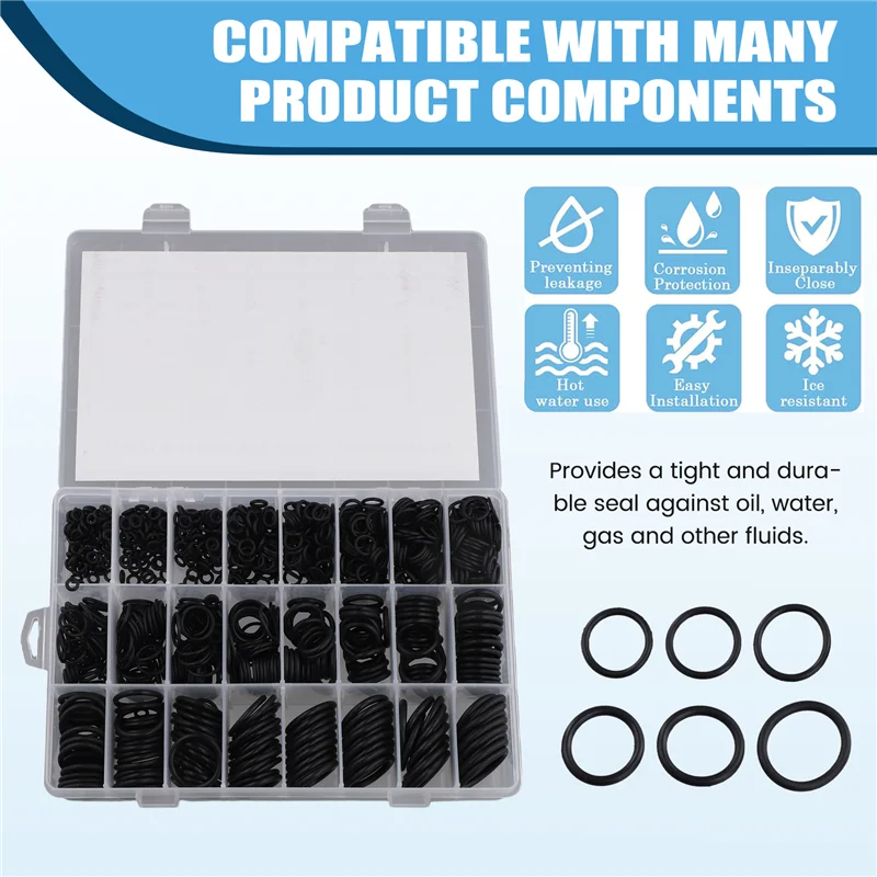 

ABEZ 1200Pcs O Ring Sealing Washer Black Rubber O-Ring Plumbing Gasket Oil Resistant High Temperature Oring Kit