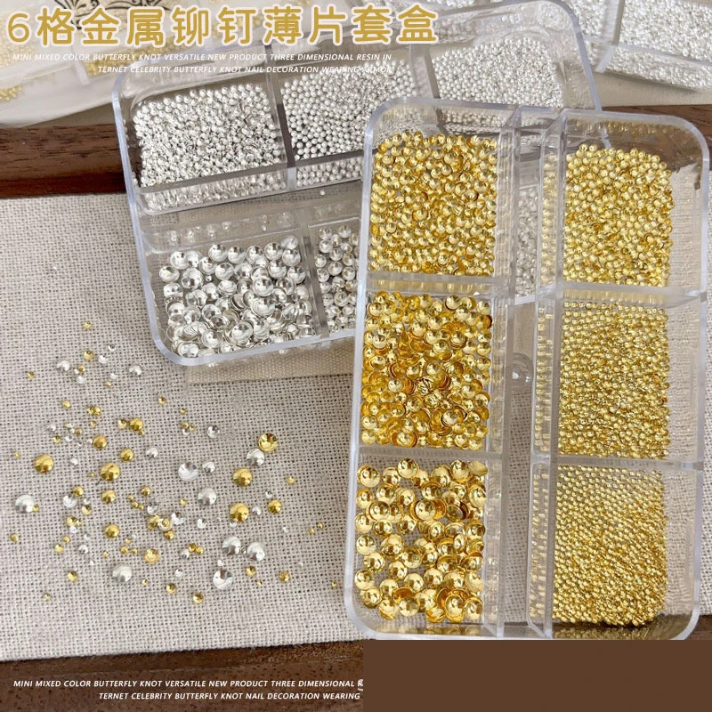 Misture 6 tamanhos 0.8mm-3mm ouro prata oco rebites redondos fatia liga arte do prego strass decorações manicure encantos acessórios