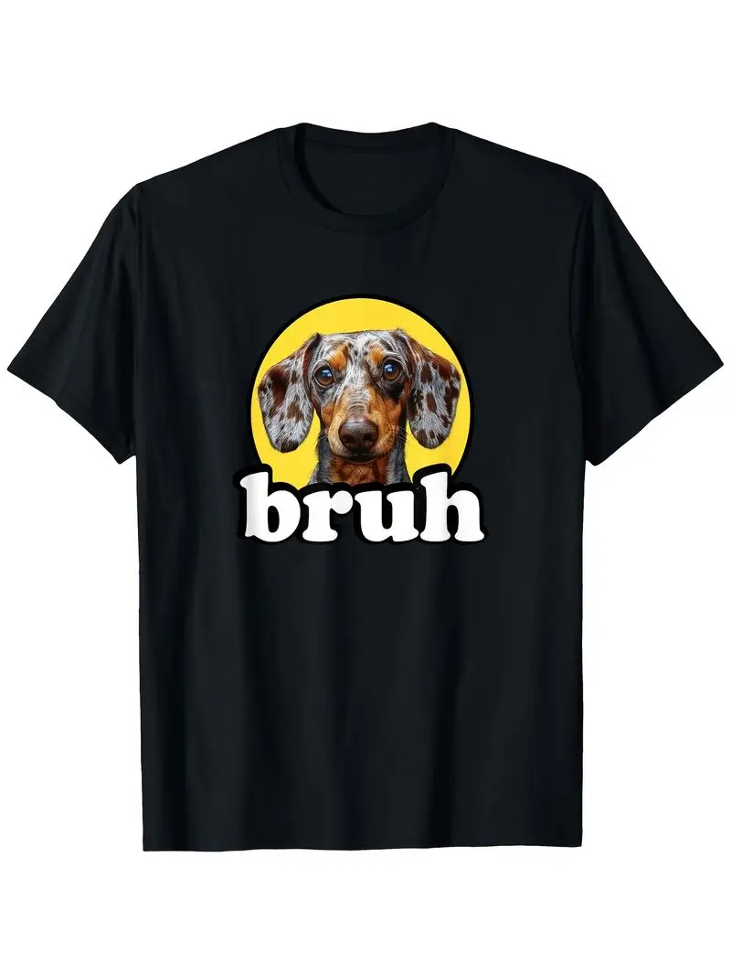 Funny Bruh Dachshund Lover T-Shirt - 100% Cotton 180Gsm Soft & Breathable Dapple Dachshund Face & Bruh Lettering Tee Unisex Gift