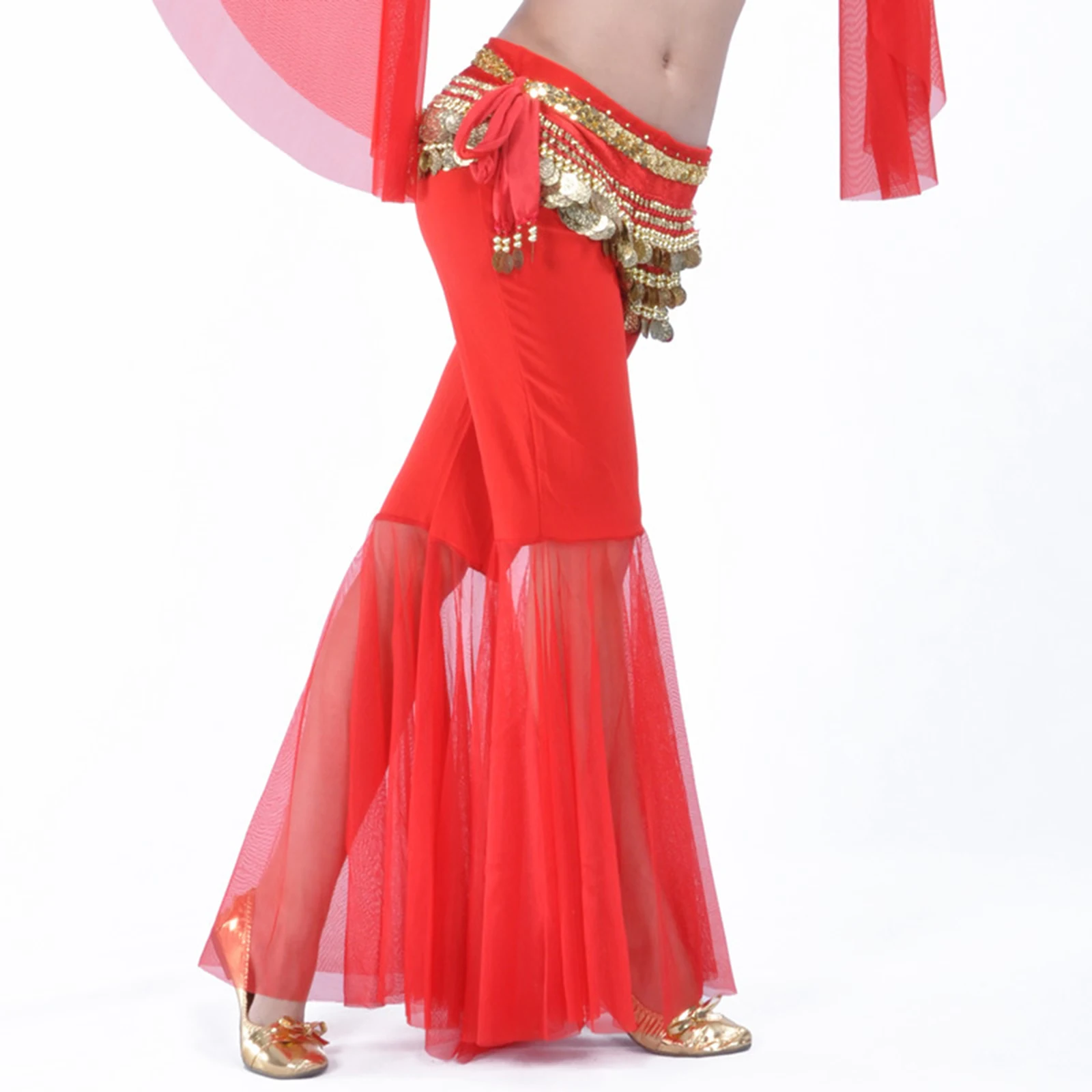 Womens Belly Dance Practice Stage Performance Costume Sheer Tulle Bell-Bottomed Pants Low Rise Flared Trousers