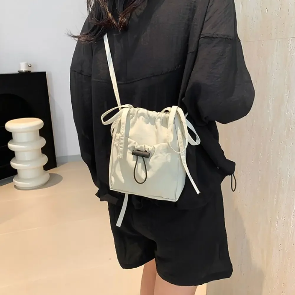 Korean Style Solid Color Nylon Shoulder Bag Fashionable Drawstring Canvas Bag - Image 4