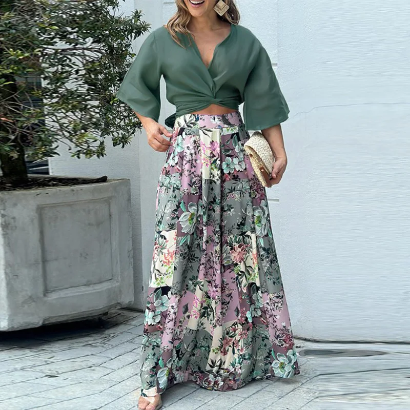 

Women's Twisted Open Top and Flower Printed Wide Leg Pants Set Female Elegant Outfit Clothes Women's Casual Suit Full Set