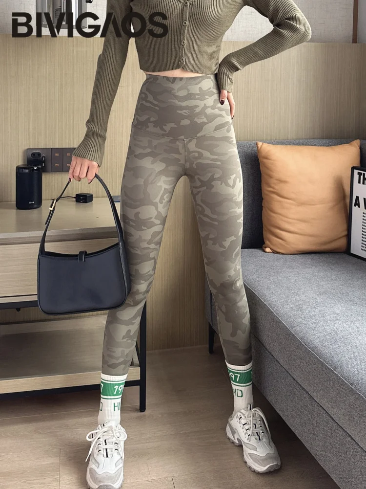 BIVIGAOS 2024 New Camouflage Sharkskin Leggings Women Spring Thin High Waist Butt Lifter Sports Leggings Fitness Casual Leggings