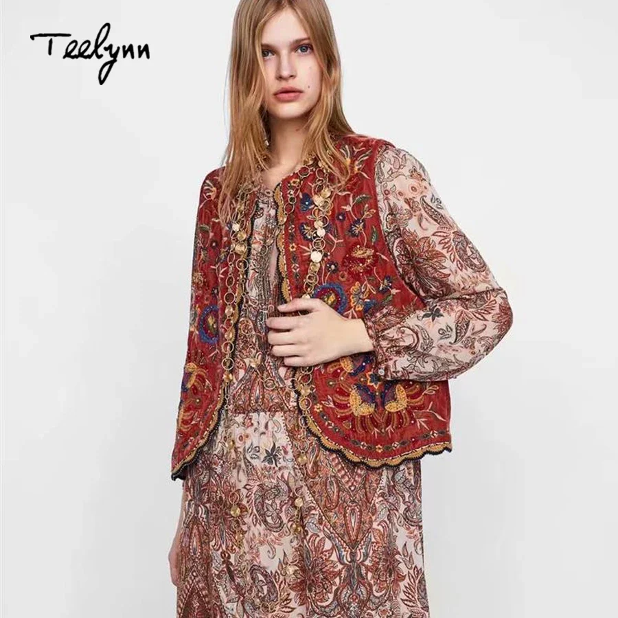 TEELYNN Boho velvet jacket for women Vintage autumn orang floral Sequins Embroidery sleeveless outerwear female jackets Coats