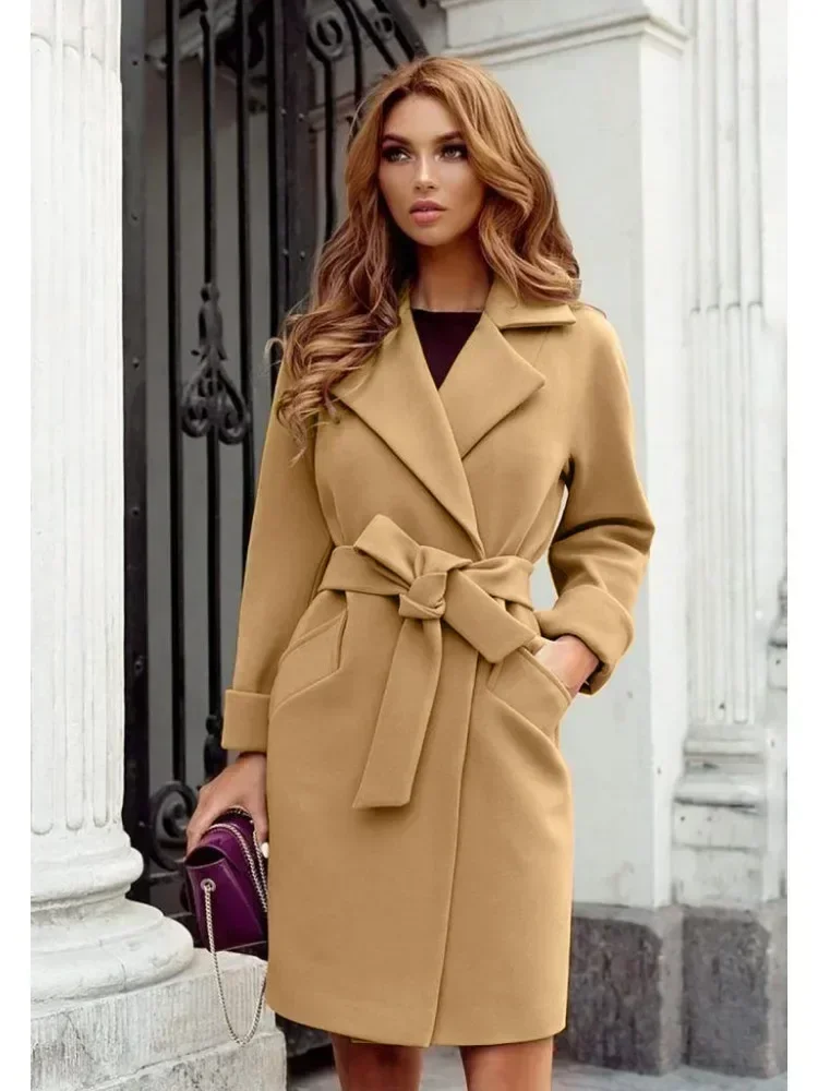 Ladies Notched Collar Belt Woolen Coat Mid Length Slim Fit Wrap Overcoat With Pockets