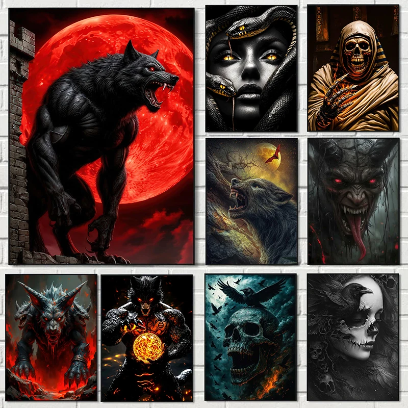 Dark Art Horror Skeleton Fierce Wolf Red Moon Retro Posters Prints Canvas Painting Wall Art Picture Living Room Home Decor
