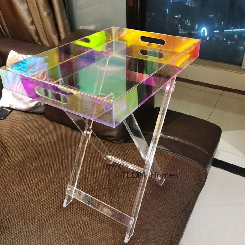 

Portable Folding Acrylic Transparent Colourful Luxury Coffee Table Bedside Table Sofa Side Fashion Rack Storage Props Shooting