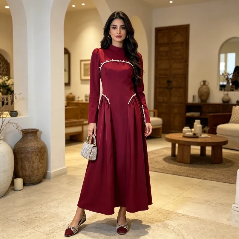

Women Long Dress Women Dresses A Line Abaya Elegant Splice Party Night Y2k Streetwear 2026 Muslim Pearls Pleated Vestidos