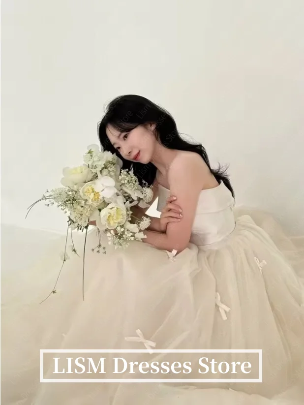 LISM New Korean Wedding Dresses 2026 Puff Sleeves Soft Tulle Bow Bridal Gown Customized Bridal Wedding Snap Dresses Corset Back