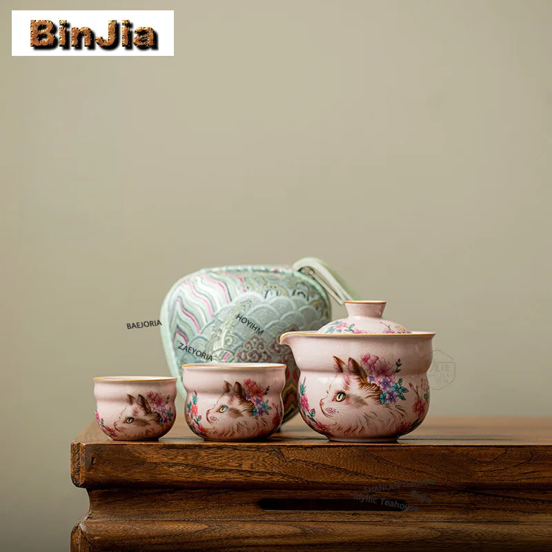 

Pink Ru Flower Cat Gourd Travel Tea Set Kit Handmade 1 Pot 2 Cups Tea Making Organizer Portable Camping Stock Bags Collection