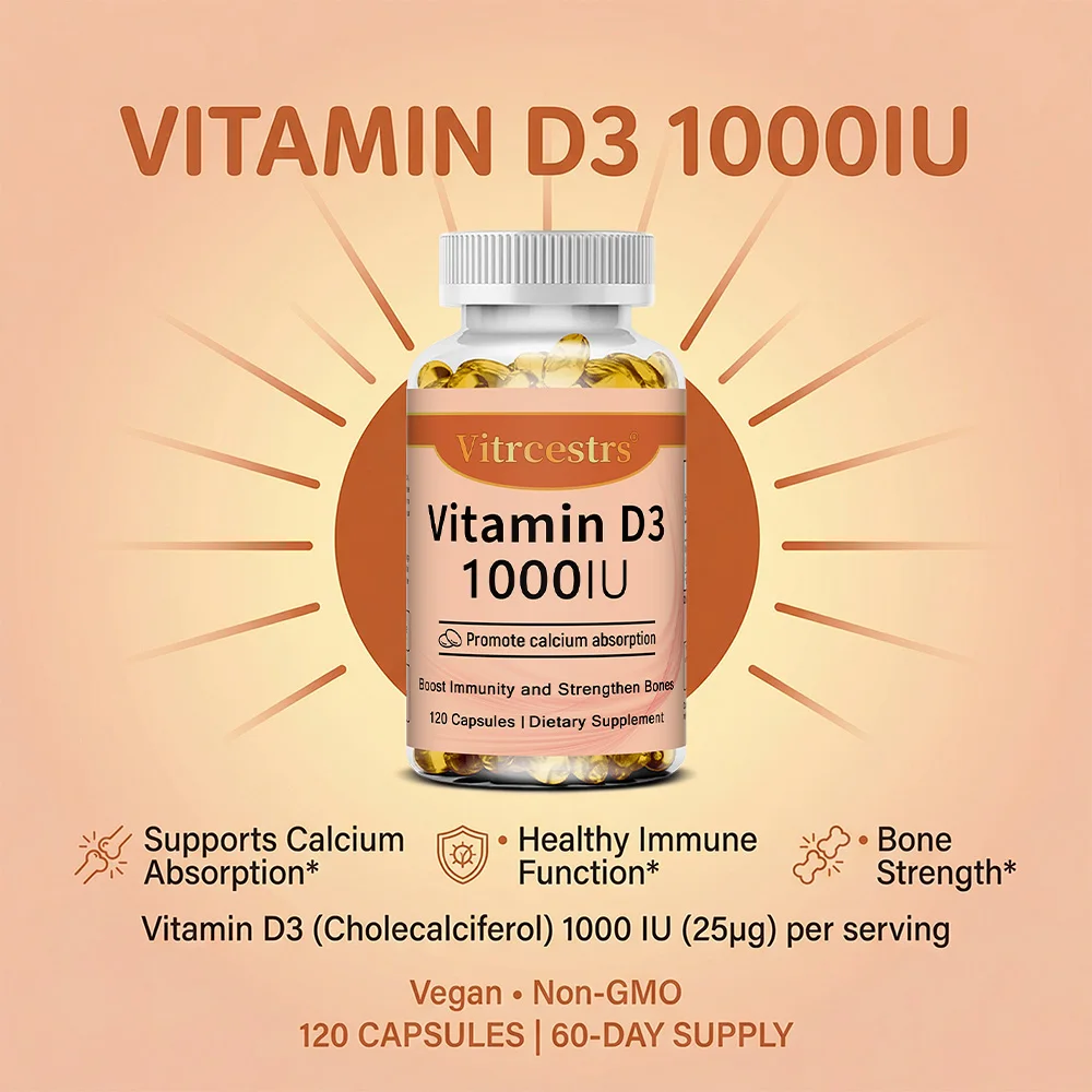 Vitamin D3 1000 IU Capsules, Supports Bone, Teeth, Muscle, Skin, Immune Health & Overall Wellness, Antioxidant & Gluten-Free
