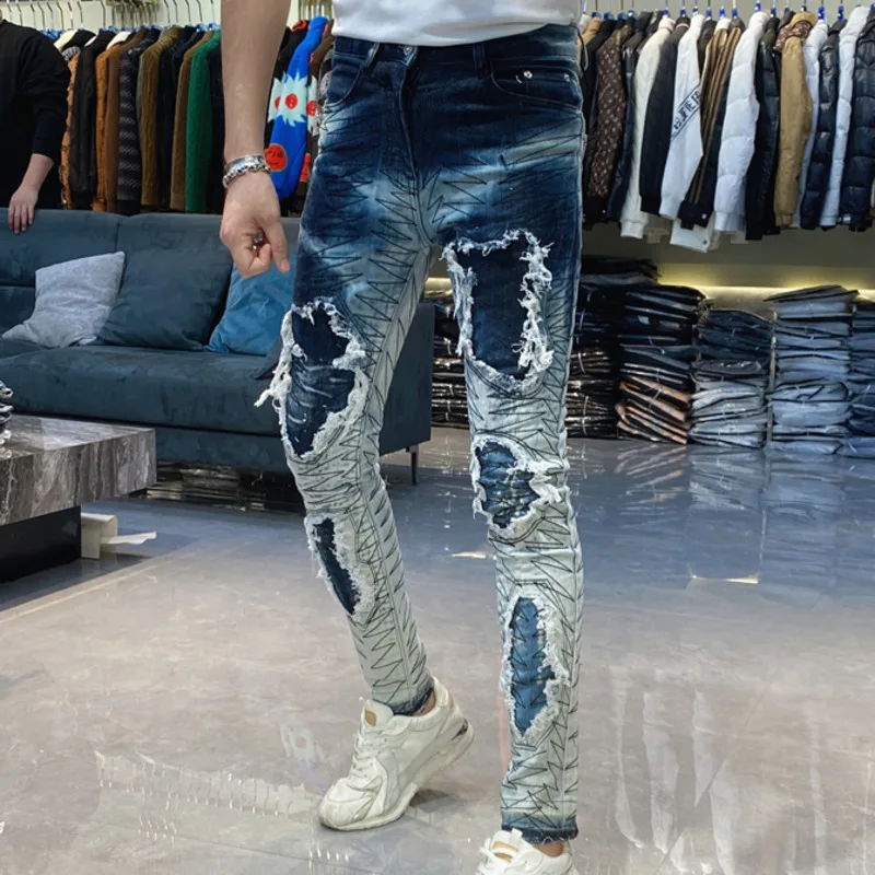 Spring High Street Jeans Embroidery Men Jeans Broken Hole Patch Slim Fit Elastic Jeans Trousers Hip Hop Streetwear Denim Pants