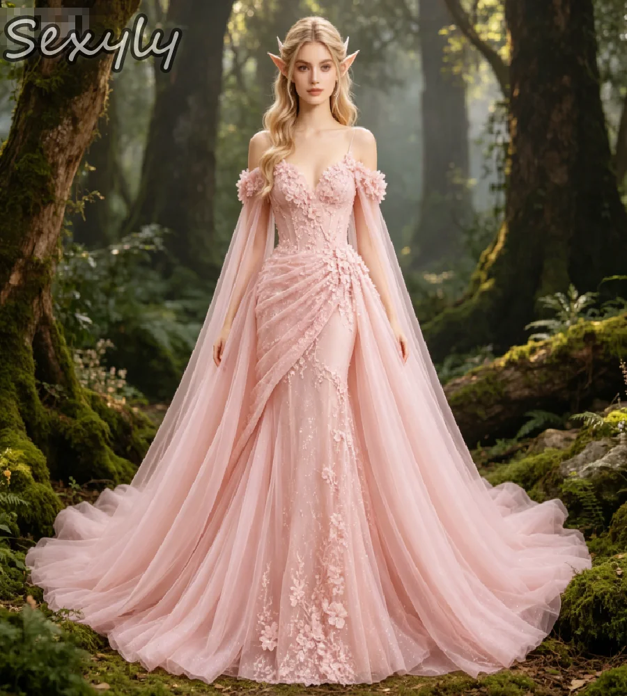 Pink Elf Wedding Dress Off Shoulder 3D Floral Tulle Cape Mermaid Bridal Gown Fairy Forest Fantasy Mariage Glitter Tulle Enchant