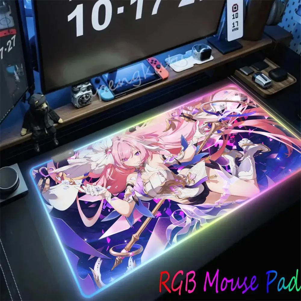 Honkai Impact Rail Elysia Mousepad XXL RGB Gaming Mouse Pads HD Black Gamer Accessories Large LED 1000x500mm