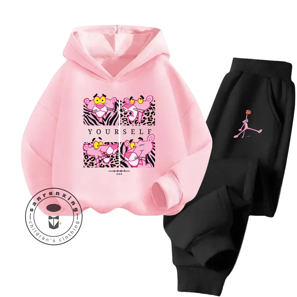 New Anime Pink Panther Spring Fall Boys Girls Children's Cotton Hoodie Sports Kawaii Fashion Casual Elastic Hip Hop Hoodie Set