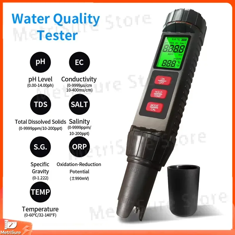 2026 Latest 7-in-1 Water Quality Tester pH TDS EC Temperature Salinity ORP Specific Gravity Meter with LCD Backlight Display