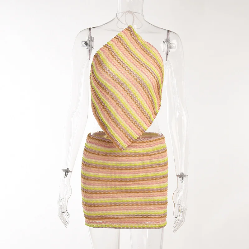 Striped Mini Skirt Knit Two Piece Set Crochet Halter Tops Elegant Sexy Outfits 2022 Women Sweaters Fashion 2 Pieces Sets Dress