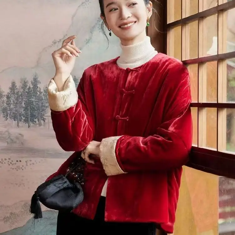 

Шелковый бархатный зимний хлопковый тройник женский, осень-зима 2025 года, художественный улучшенный костюм Тан в стиле ретро, женский хлопковый жилет с наполнителем