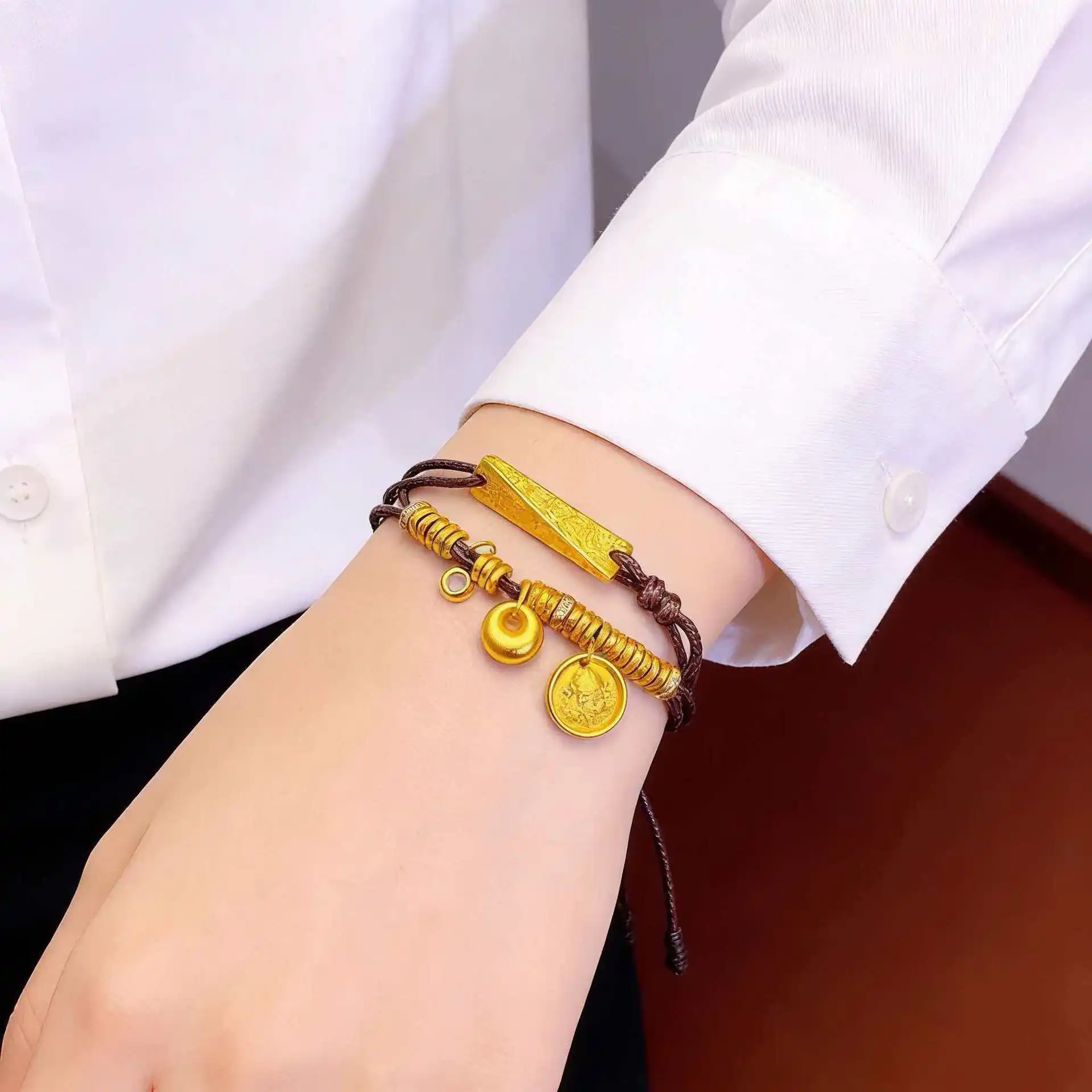 Little Fat Fu Lucky Words Coin Bracelet Women 24K Gold AU999 - Traditional Lucky Words, Good Meaning