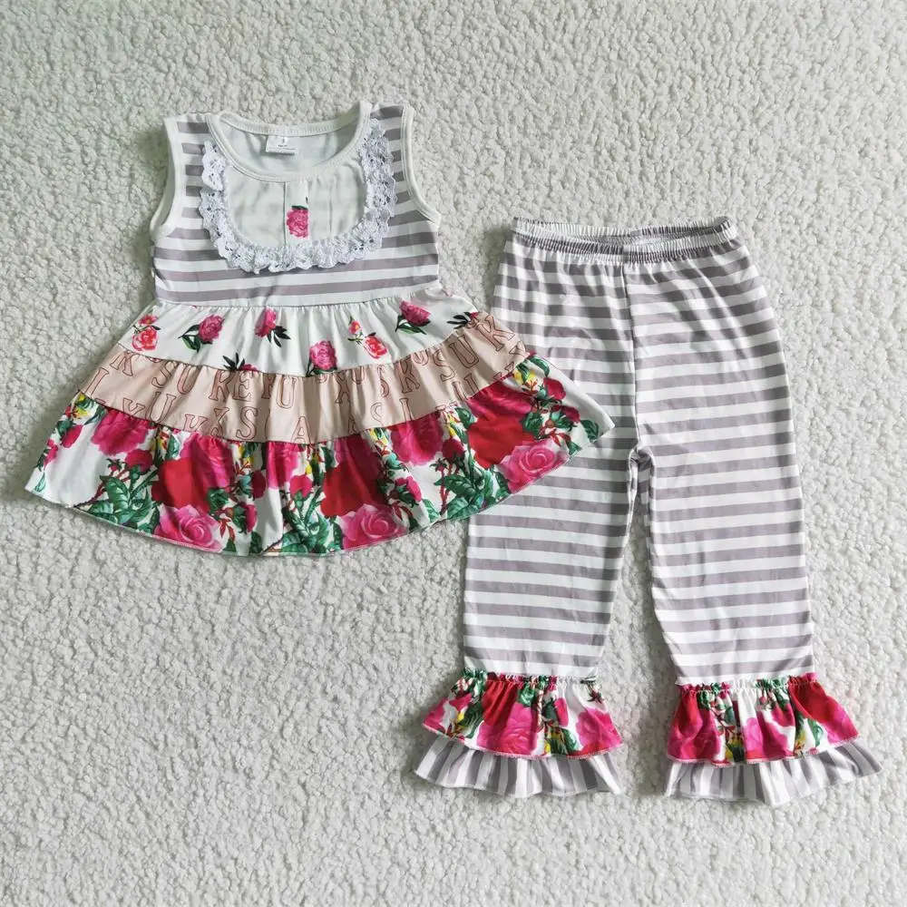 

Promotion Baby Girls Boutique Short Sleeves Clothes Lace Flower Shirt Ruffle Stripe Floral Pants Clothes Children Kids Outfits