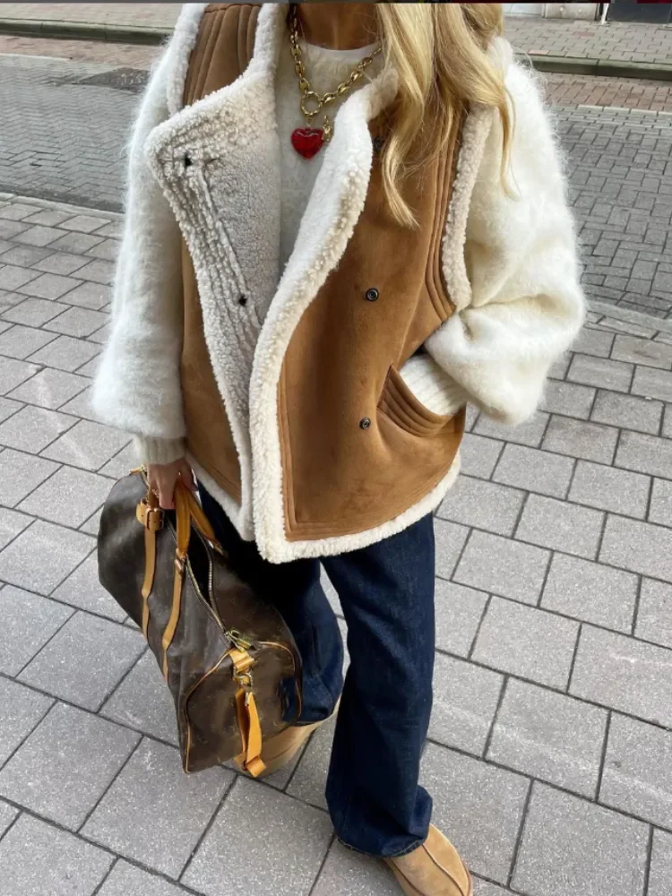 Vintage Plush Vest Women Winter Fluffy Sleeveless Jacket Female Elegant Fashion Faux Leather Coat Lady Casual Loose Warm Vests