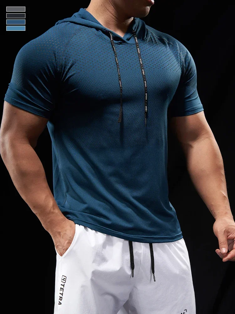 Men's Running Fitness Sports Shirts Tops Muscle Training T-shirt Short Sleeve Hoodies Outdoor Cycling Training Hoodie Clothes