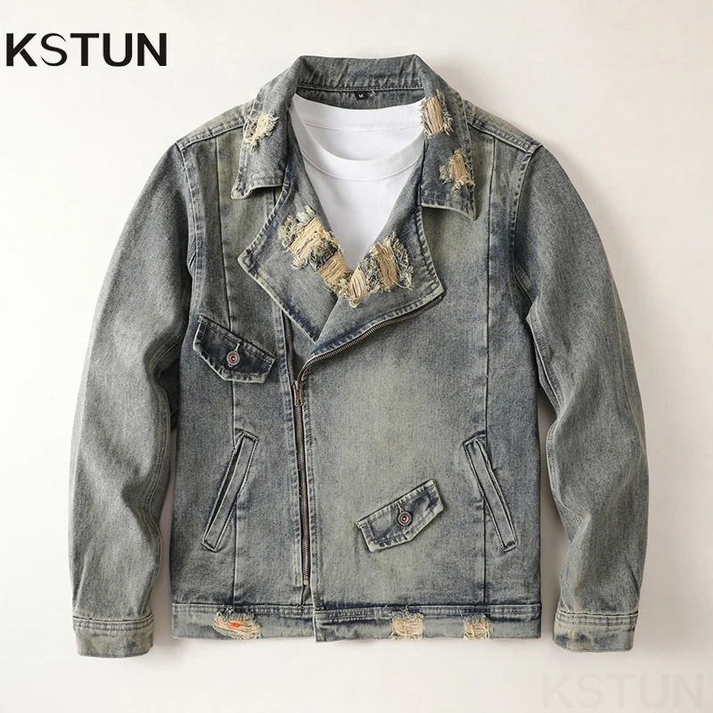 

Men Fashion High Street Destroyed Jeans Jacket Streetwear Vintage Distressed Motorcycle Biker Coat Retro Outerwear Big Size 5XL