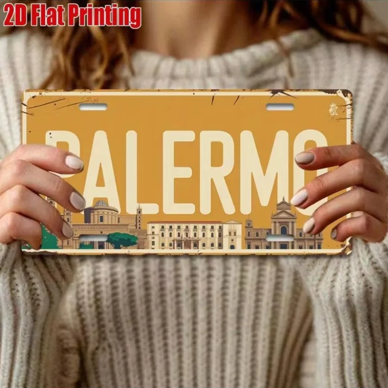 2D Flat -One Vintage Metal Sign from Palermo, Italy - Symbol of The Sicily Region And The Colors of The Italian Flag, Large