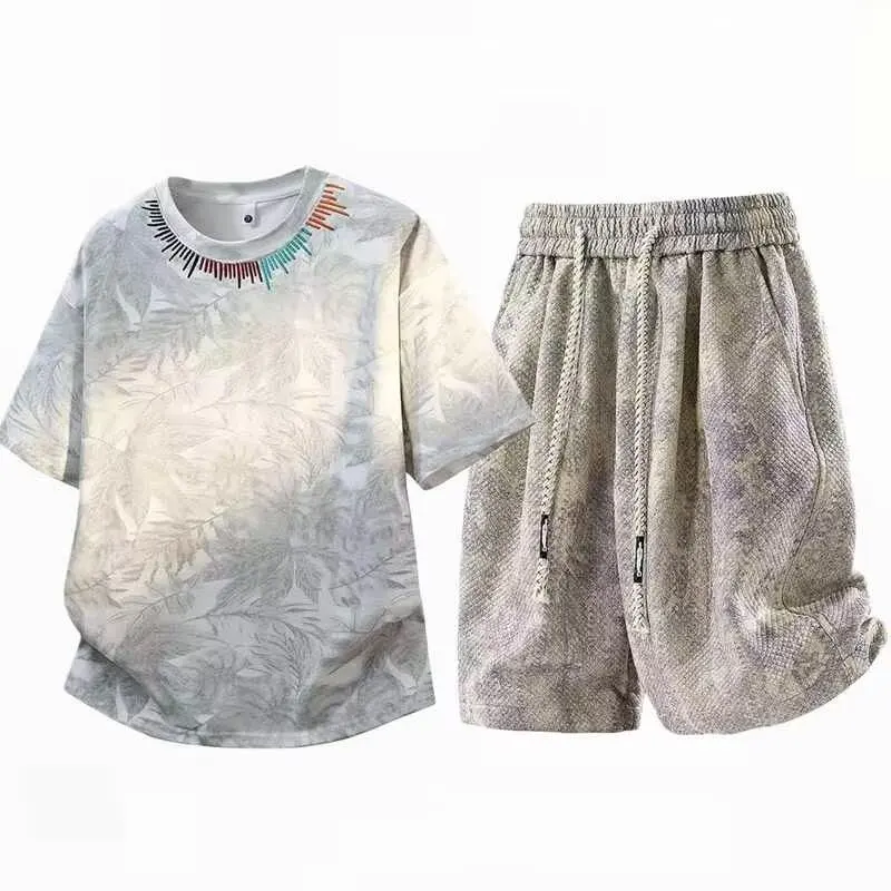 High street short sleeved T-shirt shorts casual suit men's summer trendy brand plus size loose fitting clothes two-piece set