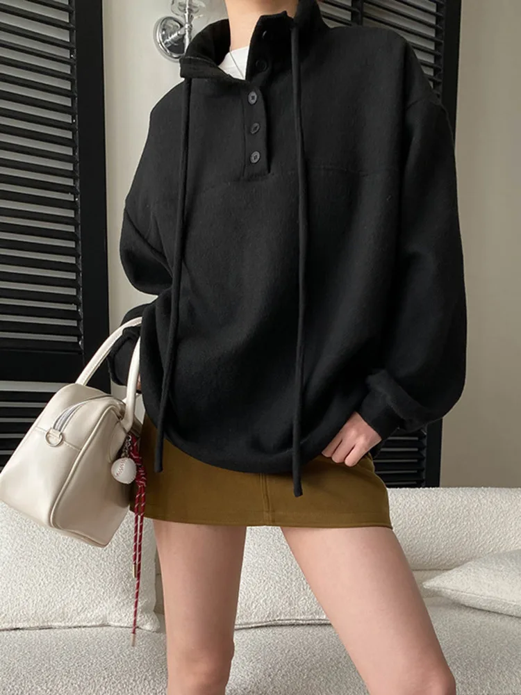 LIMO Spring Summer 2025 Trending Simple Casual Comfortable Lapel Hoodie with Drawstring Buttons Design Polyester Fabric