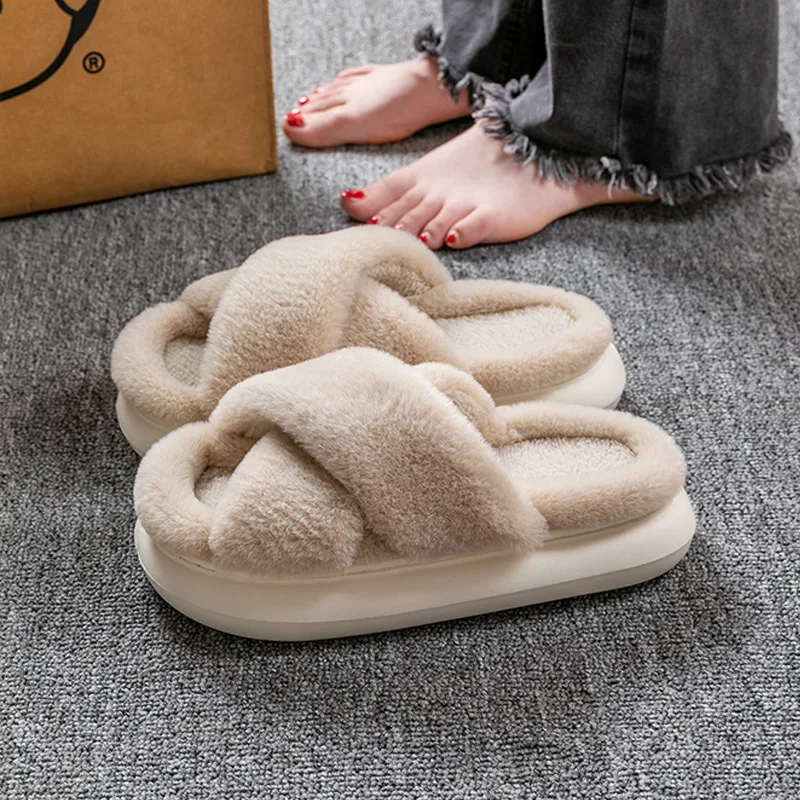 2023 Cross Fur Slippers Women Couple Winter Indoor Thick Bottom Opening EVA Soft Cotton Slippers Home Solid Color Plush Slippers