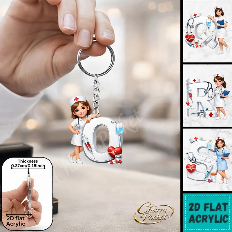 2D Nurse Letter Keychain – Acrylic Novelty Design, 26 Letters, Fashion Gift for Friends