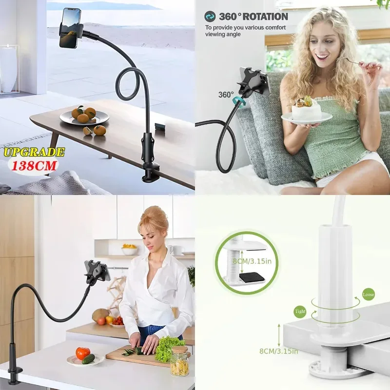 

138cm Cell Phone Clip on Stand Holder with Grip Flexible Long Arm Gooseneck Lazy Bracket Mount Clamp for IPhone 15 Pro Max