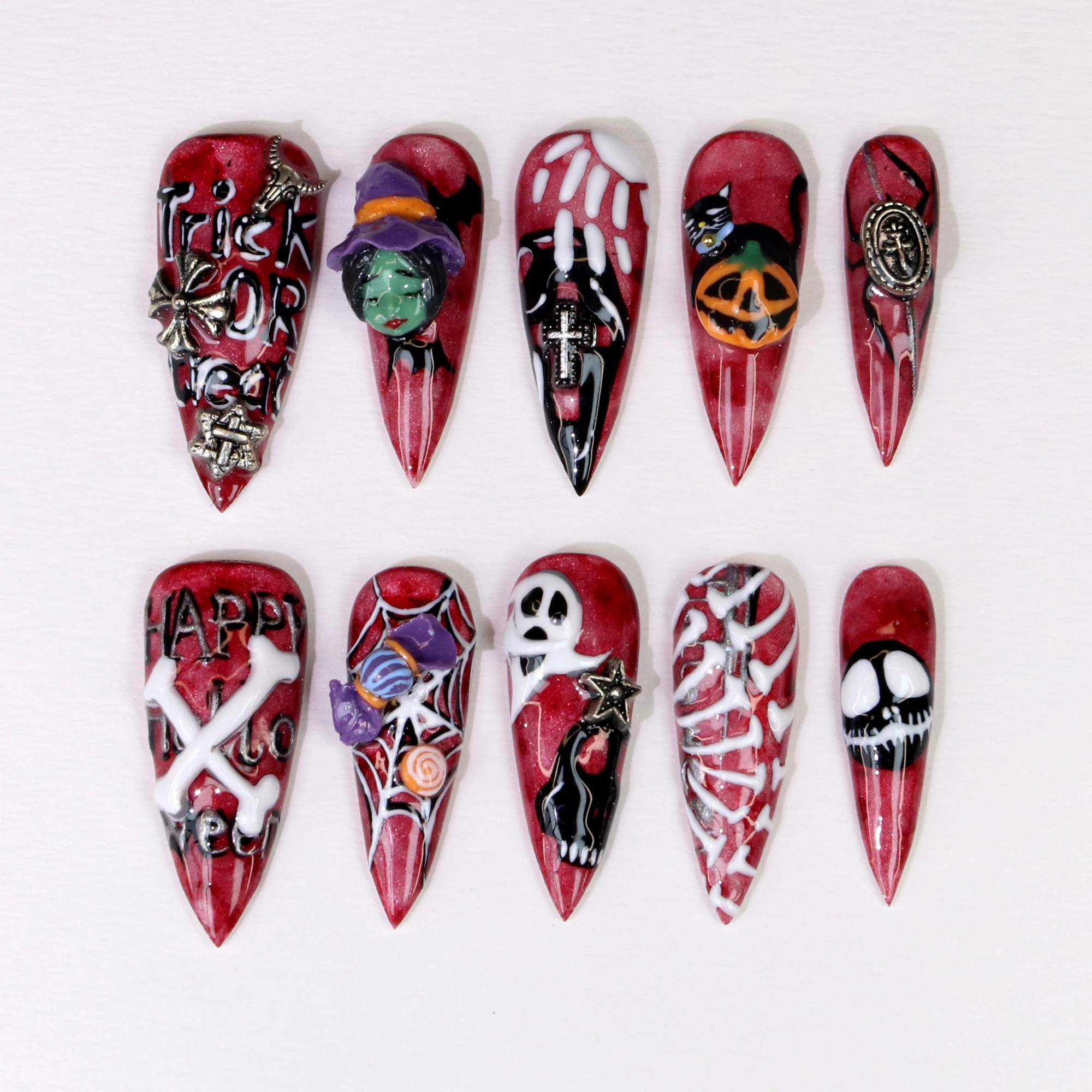 10Pcs 3Dl handmade Manicure Press On Nails, Ghost Acrylic Fake Handpainted Custom Design All Saints' Day Adhesive Nail File Set
