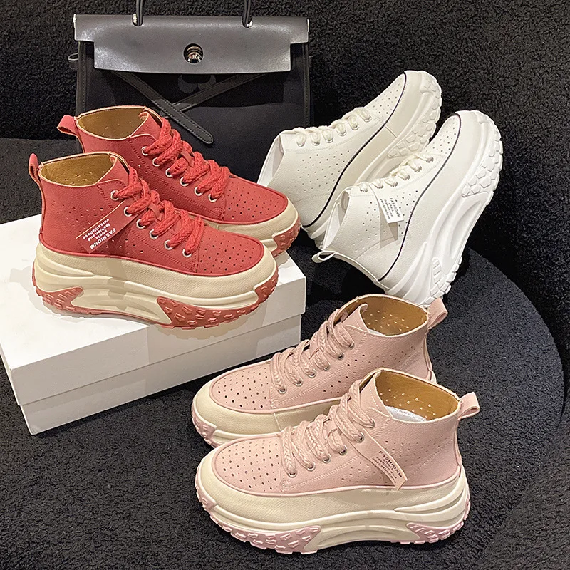 2023 Breathable New High Collar Thick Sole Small White Shoes for Women's Versatile Soft Leather Flat Shoes Casual Sports Shoes