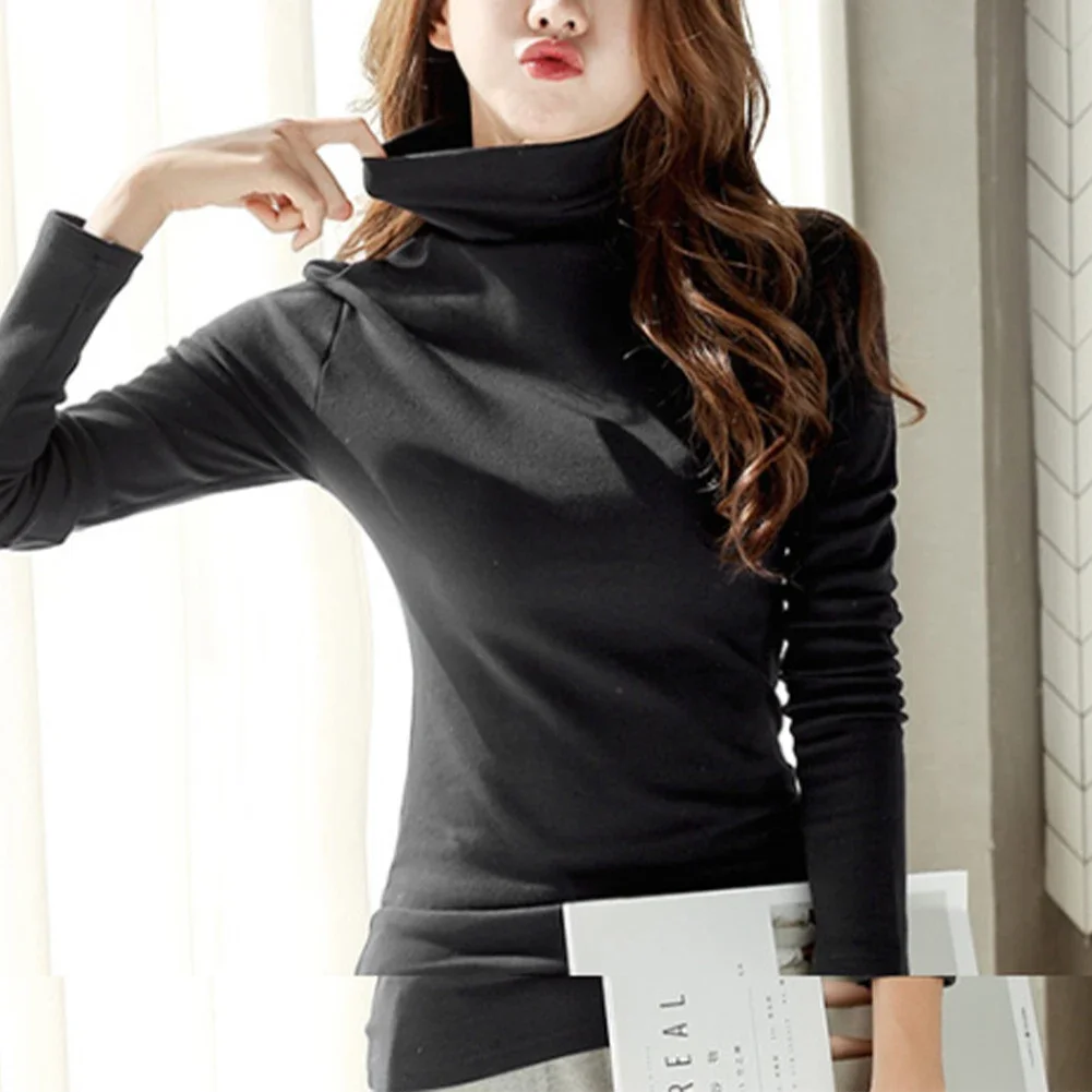 Top Women\'s Tops Long Sleeve Plain Winter Stretch Polyester Slight Strech Solid Blouse Solid Color Turtleneck Basic