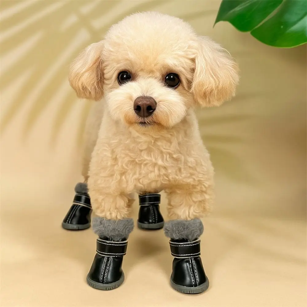 

4PCS Plush Winter Pet Dog Shoes Rubber Soles Anti-Freezing Dog Snow Boots Non Slip Warm Dog Fleece Shoes for Puppy Dogs